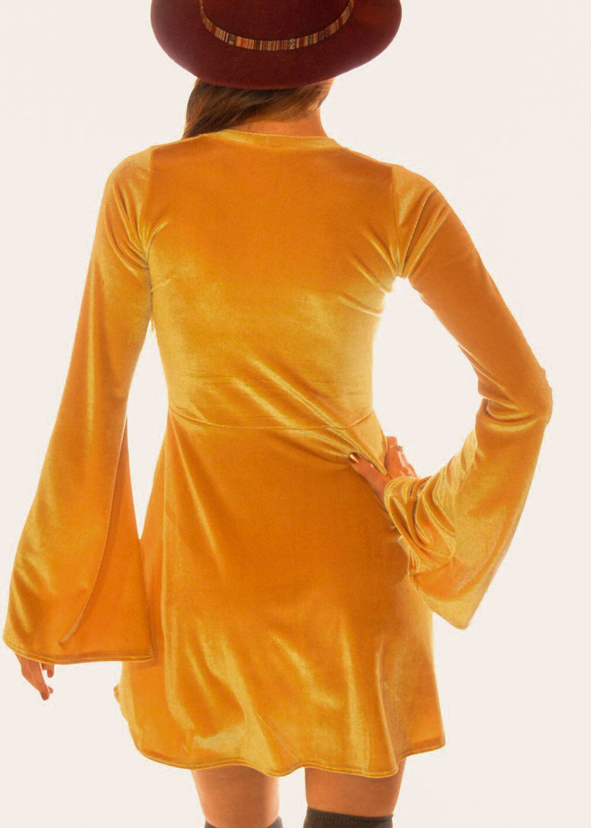mustard yellow velvet wrap dress Velvet Lace up Dress with Bell Sleeves in Yellow Gold – Home Cooked Karma