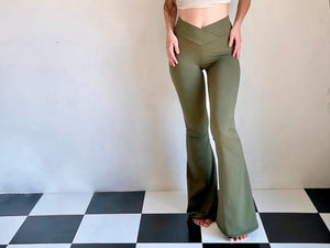 Olive Flare Leggings with Crossover Waist