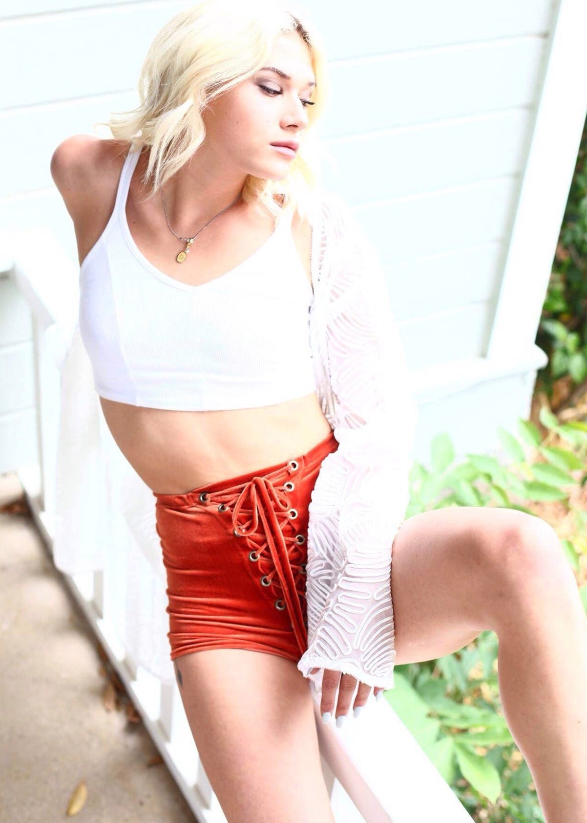 Solid Velvet Lace Up Shorts Rust