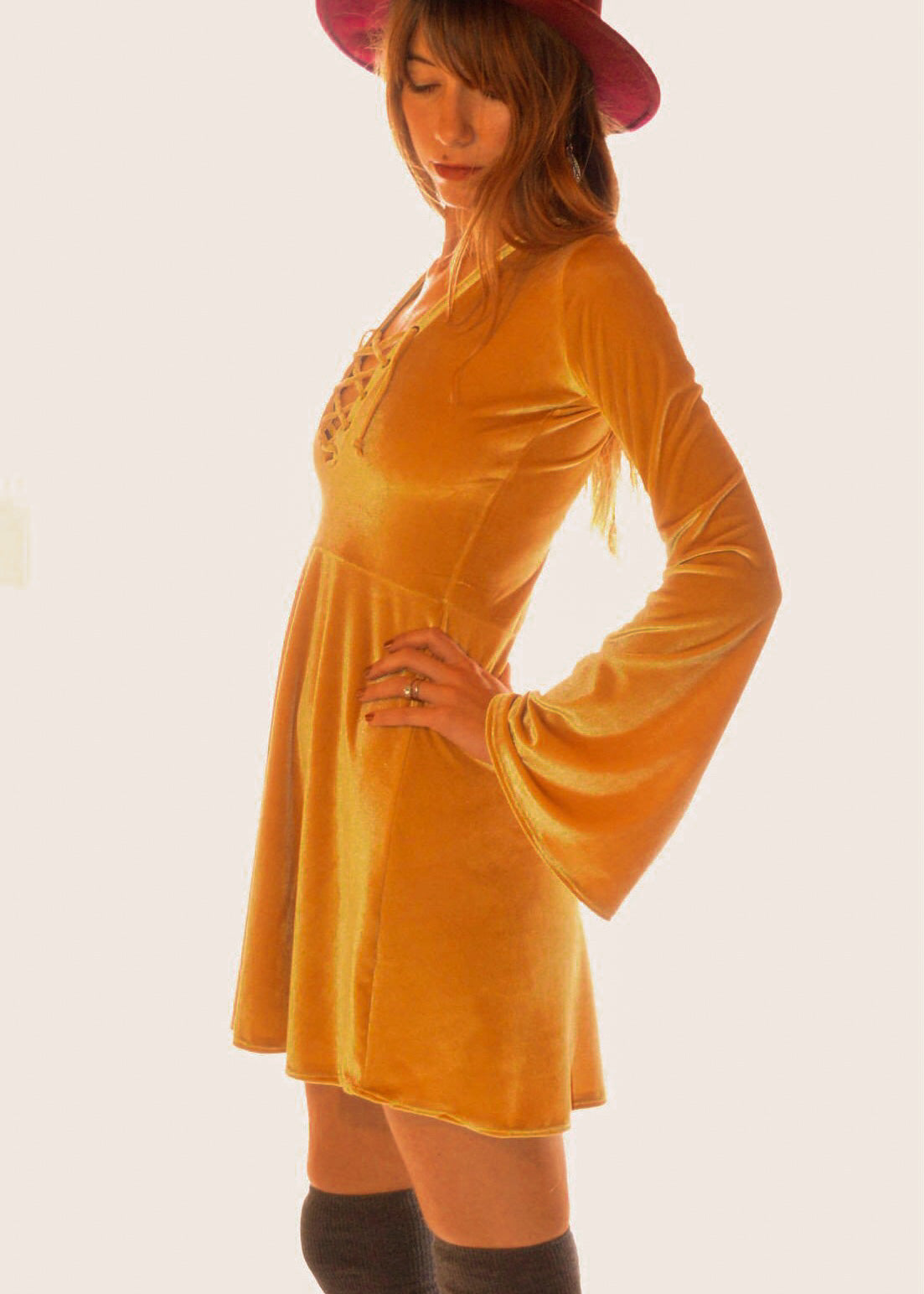 Velvet Lace up Dress with Bell Sleeves in Yellow Gold
