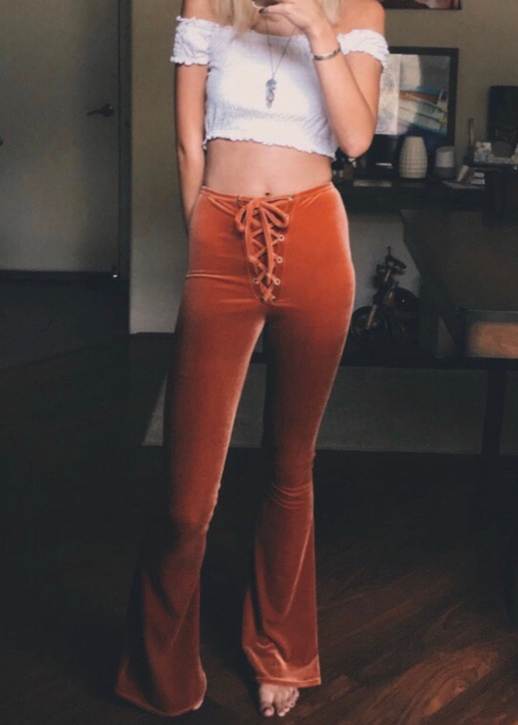 Velvet Lace Up Flares in Rust