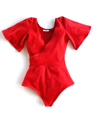 Red Surplice Bodysuit with Flutter Sleeves