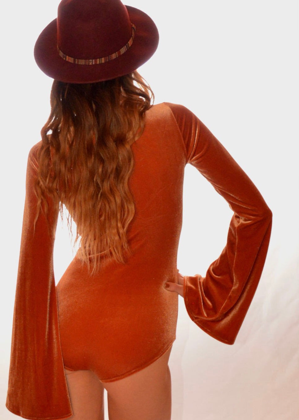 Velvet Lace up Bodysuit with Bell Sleeves in Rust